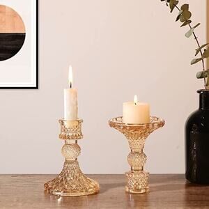 Set Of 2 Glass Candlestick Stands 4" Champagne Pink Diamond Pattern Pair